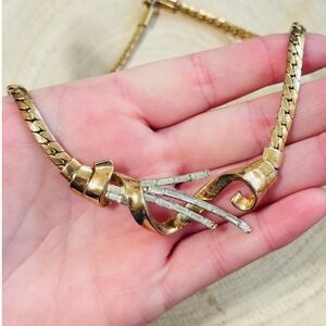 Trifari Signed rhinestone Necklace VTG Collar Gold Designer baguette jeweled 15"